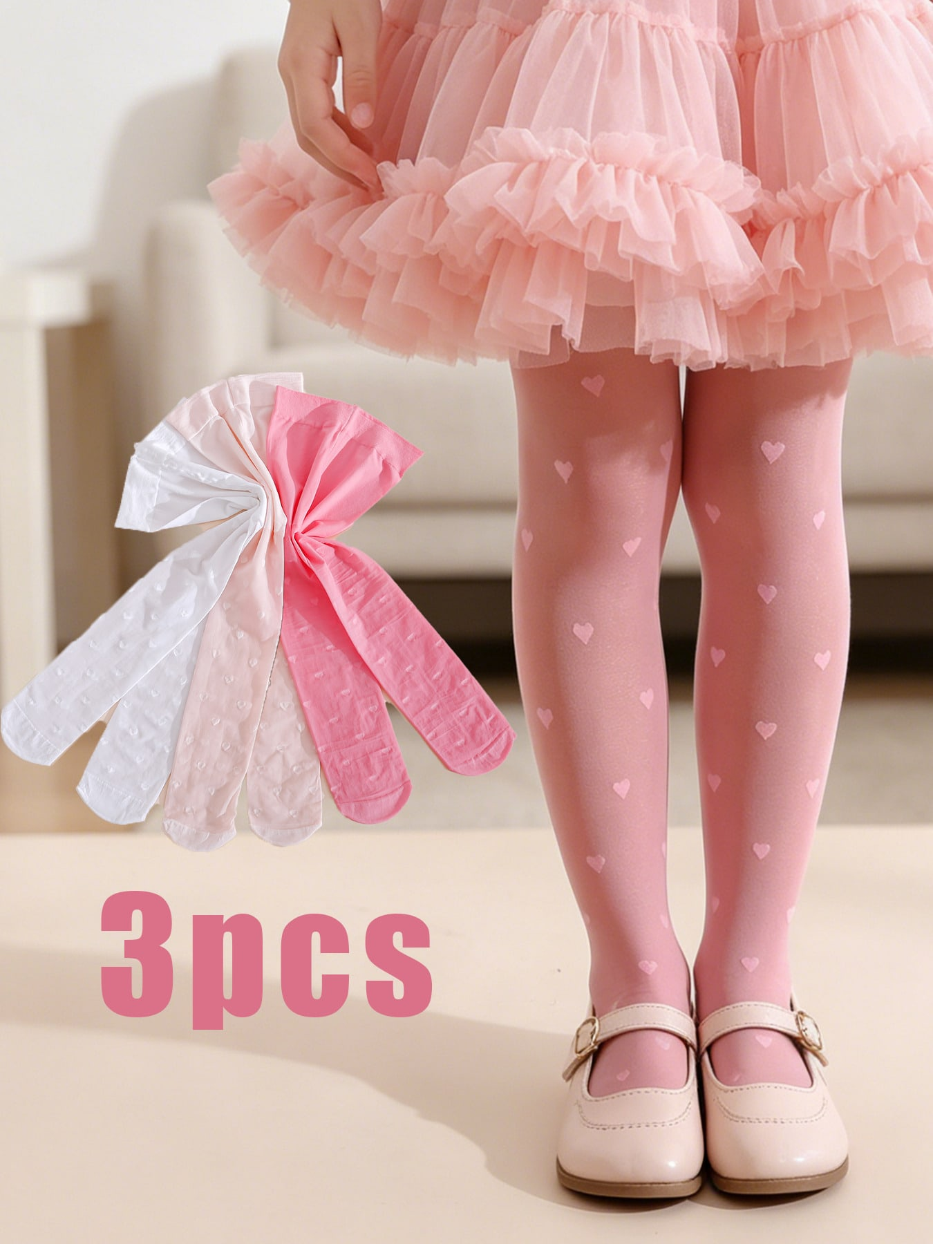 3Pcs Girls Heart Print Tights  - Tights Pantyhose Sheer reseña y precio